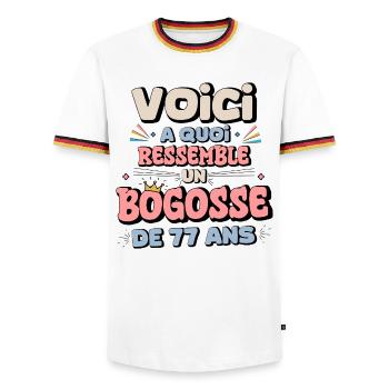 77th Birthday Humor - Men's Ringer Shirt - white/tricolour - Front - AI Model Female 172 light (172cm) & AI Model Male 185 light (185cm)