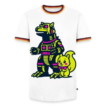 Mecha Dragon with Squirrel - Men's Ringer Shirt - white/tricolour - Front - AI Model Female 172 light (172cm) & AI Model Male 185 light (185cm)