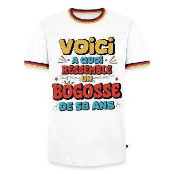 Nostalgic humour 58 years old - Men's Ringer Shirt - white/tricolour - Front - AI Model Female 172 light (172cm) & AI Model Male 185 light (185cm)