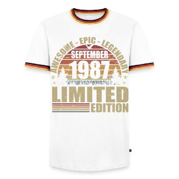1987 septembre 1987 Anniversaire septembre 1987 - T-shirt contrasté Homme - blanc/tricolore - Devant - AI Model Female 172 light (172cm) & AI Model Male 185 light (185cm)