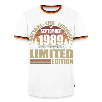 1989 septembre 1989 Anniversaire septembre 1989 - T-shirt contrasté Homme - blanc/tricolore - Devant - AI Model Female 172 light (172cm) & AI Model Male 185 light (185cm)