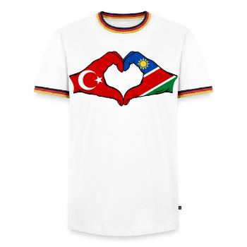 Türkiye Namibia flag hands heart shape - Men's Ringer Shirt - white/tricolour - Front - AI Model Female 172 light (172cm) & AI Model Male 185 light (185cm)