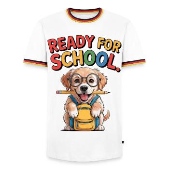 School Pup - Men's Ringer Shirt - white/tricolour - Front - AI Model Female 172 light (172cm) & AI Model Male 185 light (185cm)