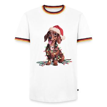 Dachshund with Christmas lights and Santa hat - Men's Ringer Shirt - white/tricolour - Front - AI Model Female 172 light (172cm) & AI Model Male 185 light (185cm)