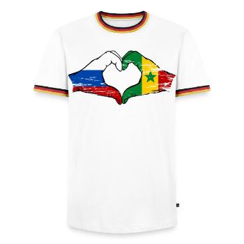 Russland Senegal Flagge Hände Herzform used - Männer Kontrast-T-Shirt - Weiß/Dreifarbig - Vorne - AI Model Female 172 light (172cm) & AI Model Male 185 light (185cm)