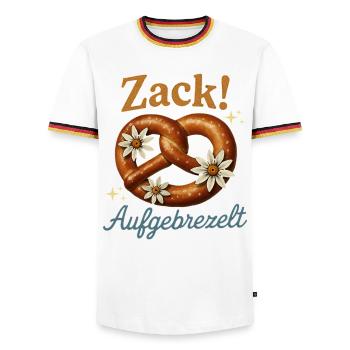 Zack Aufgebrezelt – Lustige Brezel Männer & Frauen - Männer Kontrast-T-Shirt - Weiß/Dreifarbig - Vorne - AI Model Female 172 light (172cm) & AI Model Male 185 light (185cm)