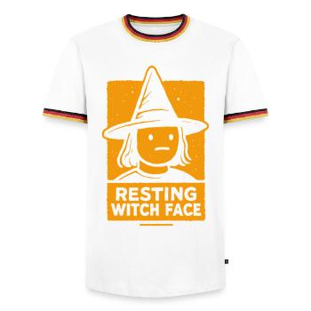 Ruhendes Hexengesicht Lustiges Halloween Spruch Kostüm - Männer Kontrast-T-Shirt - Weiß/Dreifarbig - Vorne - AI Model Female 172 light (172cm) & AI Model Male 185 light (185cm)