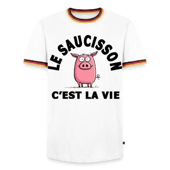 le saucisson c'est la vie humour - T-shirt contrasté Homme - blanc/tricolore - Devant - AI Model Female 172 light (172cm) & AI Model Male 185 light (185cm)
