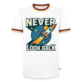 Never Look Back Rocket Motif Retro Space - Men's Ringer Shirt - white/tricolour - Front - AI Model Female 172 light (172cm) & AI Model Male 185 light (185cm)