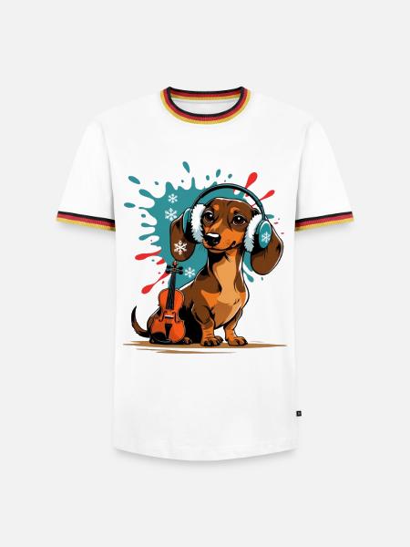Wintermusik-Dackel mit Kopfhörern - Männer Kontrast-T-Shirt - Weiß/Dreifarbig