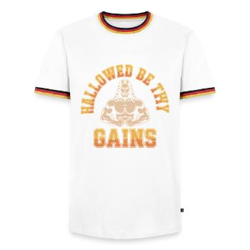 Sanctifiés soient tes gains - Funny Jesus Gym Meme - T-shirt contrasté Homme - blanc/tricolore - Devant - AI Model Female 172 light (172cm) & AI Model Male 185 light (185cm)