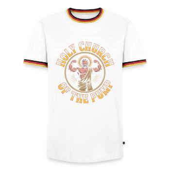 Sanctifiés soient tes gains - Funny Jesus Gym Meme - T-shirt contrasté Homme - blanc/tricolore - Devant - AI Model Female 172 light (172cm) & AI Model Male 185 light (185cm)
