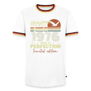 49th Birthday | Original December 1976 - Men's Ringer Shirt - white/tricolour - Front - AI Model Female 172 light (172cm) & AI Model Male 185 light (185cm)