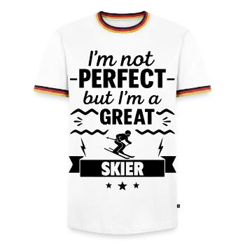 Not perfect, but a great skier - Men's Ringer Shirt - white/tricolour - Front - AI Model Female 172 light (172cm) & AI Model Male 185 light (185cm)