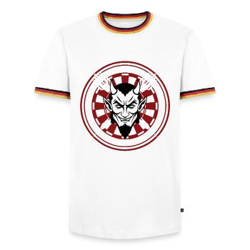DARTS, DARTBOARD AND DEVIL - Men's Ringer Shirt - white/tricolour - Front - AI Model Female 172 light (172cm) & AI Model Male 185 light (185cm)