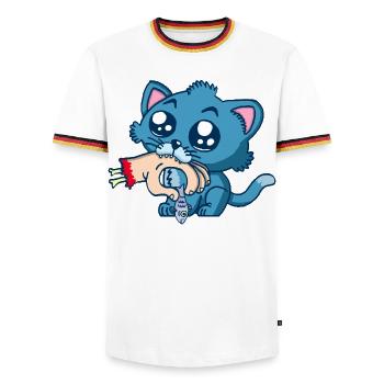Chaton gourmand - T-shirt contrasté Homme - blanc/tricolore - Devant - AI Model Female 172 light (172cm) & AI Model Male 185 light (185cm)