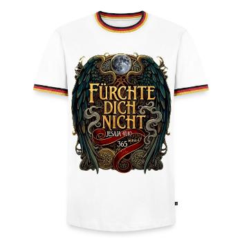 FEAR NOT Bible Isaiah 41:10 Fantasy - Men's Ringer Shirt - white/tricolour - Front - AI Model Female 172 light (172cm) & AI Model Male 185 light (185cm)
