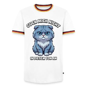 Guck mich nicht so an – Cartoon-Katze - Männer Kontrast-T-Shirt - Weiß/Dreifarbig - Vorne - AI Model Female 172 light (172cm) & AI Model Male 185 light (185cm)