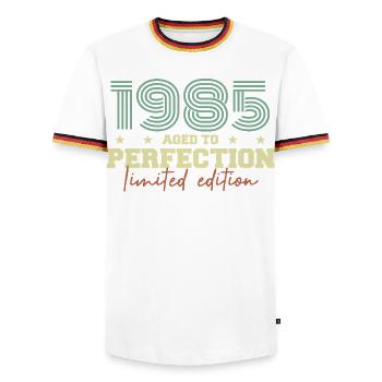 1985 - Men's Ringer Shirt - white/tricolour - Front - AI Model Female 172 light (172cm) & AI Model Male 185 light (185cm)