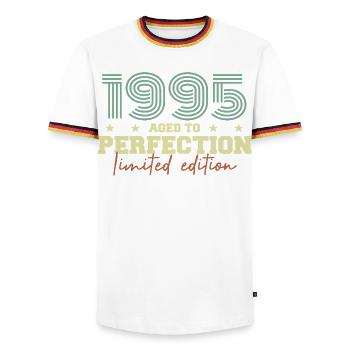 1995 - Men's Ringer Shirt - white/tricolour - Front - AI Model Female 172 light (172cm) & AI Model Male 185 light (185cm)