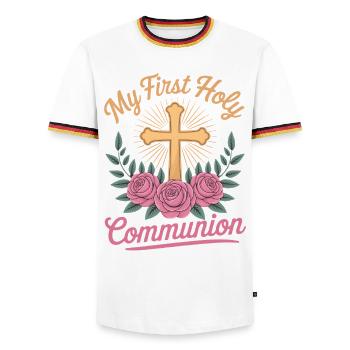 First Holy Communion Cross Roses - Men's Ringer Shirt - white/tricolour - Front - AI Model Female 172 light (172cm) & AI Model Male 185 light (185cm)
