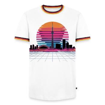 Neon Skyline Retro Sunset - Men's Ringer Shirt - white/tricolour - Front - AI Model Female 172 light (172cm) & AI Model Male 185 light (185cm)