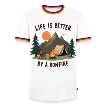 Life is better by a Bonfire Camping Adventure - Men's Ringer Shirt - white/tricolour - Front - AI Model Female 172 light (172cm) & AI Model Male 185 light (185cm)