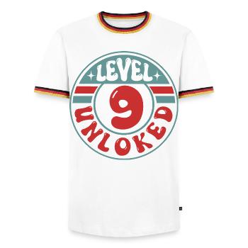Niveau 9 débloqué – Conception d’anniversaire de joueur - T-shirt contrasté Homme - blanc/tricolore - Devant - AI Model Female 172 light (172cm) & AI Model Male 185 light (185cm)