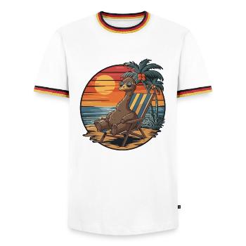 Émeu drôle sur le coucher de soleil des vacances d’été sur la plage - T-shirt contrasté Homme - blanc/tricolore - Devant - AI Model Female 172 light (172cm) & AI Model Male 185 light (185cm)
