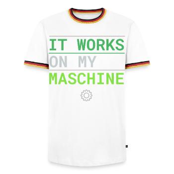 It Works On My Machine - Entwickler Ausrede - Männer Kontrast-T-Shirt - Weiß/Dreifarbig - Vorne - AI Model Female 172 light (172cm) & AI Model Male 185 light (185cm)