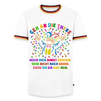 Jubel | Konfetti | Geh an die Theke | Kostüm - Männer Kontrast-T-Shirt - Weiß/Dreifarbig - Vorne - AI Model Female 172 light (172cm) & AI Model Male 185 light (185cm)