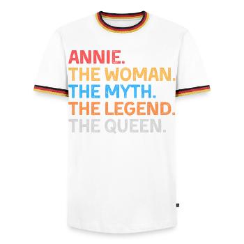 Annie The Woman The Myth The Legend The Queen - Men's Ringer Shirt - white/tricolour - Front - AI Model Female 172 light (172cm) & AI Model Male 185 light (185cm)