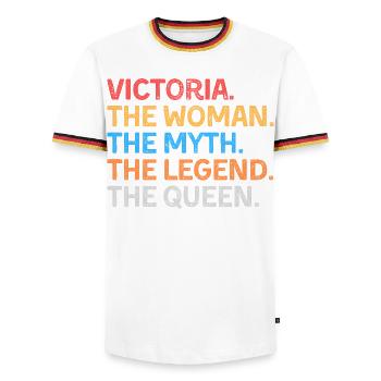 Victoria The Woman The Myth The Legend The Queen - Men's Ringer Shirt - white/tricolour - Front - AI Model Female 172 light (172cm) & AI Model Male 185 light (185cm)