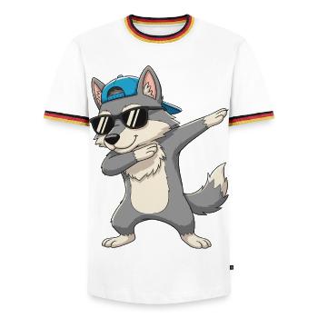 Cool Dabbing Wolf Sunglasses Cartoon Art - Men's Ringer Shirt - white/tricolour - Front - AI Model Female 172 light (172cm) & AI Model Male 185 light (185cm)