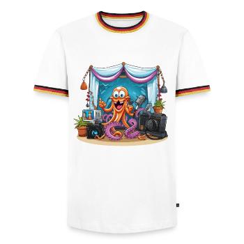 Influenceuse pieuvre sur scène - T-shirt contrasté Homme - blanc/tricolore - Devant - AI Model Female 172 light (172cm) & AI Model Male 185 light (185cm)