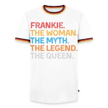 Frankie The Woman The Myth The Legend The Queen - Men's Ringer Shirt - white/tricolour - Front - AI Model Female 172 light (172cm) & AI Model Male 185 light (185cm)