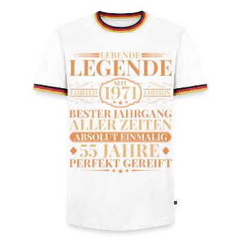 Year of manufacture Born in 1971 Unique 55th birthday - Men's Ringer Shirt - white/tricolour - Front - AI Model Female 172 light (172cm) & AI Model Male 185 light (185cm)
