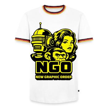 NGO Neon Pop Retro Portraits - Männer Kontrast-T-Shirt - Weiß/Dreifarbig - Vorne - AI Model Female 172 light (172cm) & AI Model Male 185 light (185cm)