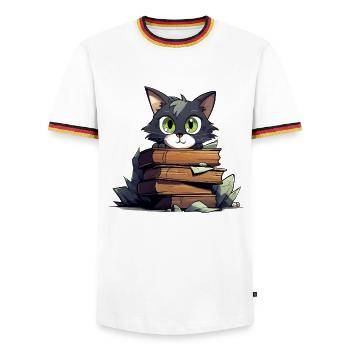Pile de livres pour chats - T-shirt contrasté Homme - blanc/tricolore - Devant - AI Model Female 172 light (172cm) & AI Model Male 185 light (185cm)