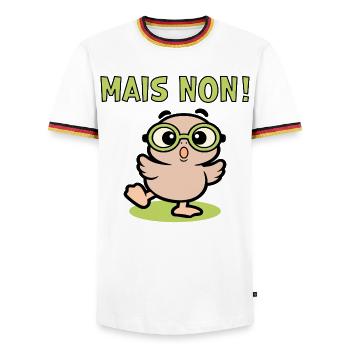 But no chickens - Men's Ringer Shirt - white/tricolour - Front - AI Model Female 172 light (172cm) & AI Model Male 185 light (185cm)