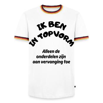 Ich bin in großartiger Form! Klassisches Modell, etwas Abnutzung # - Männer Kontrast-T-Shirt - Weiß/Dreifarbig - Vorne - AI Model Female 172 light (172cm) & AI Model Male 185 light (185cm)