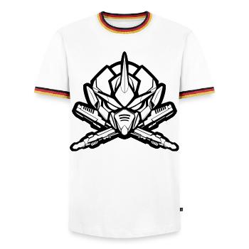 One Bulky Mech - Logo Head v2 - Men's Ringer Shirt - white/tricolour - Front - AI Model Female 172 light (172cm) & AI Model Male 185 light (185cm)