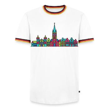 Nijmegen City Skyline Waal Bridge Line Art - Men's Ringer Shirt - white/tricolour - Front - AI Model Female 172 light (172cm) & AI Model Male 185 light (185cm)