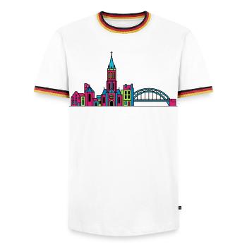 Nijmegen City Skyline Waal Bridge Line Art - Men's Ringer Shirt - white/tricolour - Front - AI Model Female 172 light (172cm) & AI Model Male 185 light (185cm)
