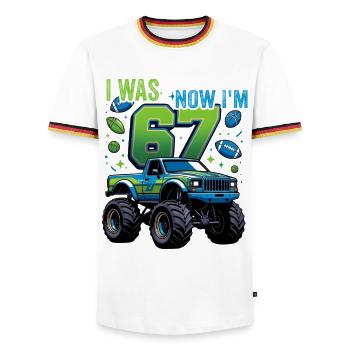 Monster Truck 7. Geburtstag Junge  - Männer Kontrast-T-Shirt - Weiß/Dreifarbig - Vorne - AI Model Female 172 light (172cm) & AI Model Male 185 light (185cm)