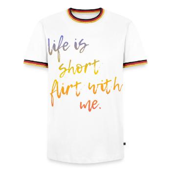 Life is Short Flirt With Me - Tour Gradient Script - Men's Ringer Shirt - white/tricolour - Front - AI Model Female 172 light (172cm) & AI Model Male 185 light (185cm)