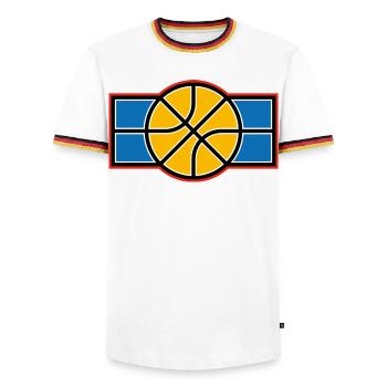Basketball-Retro-Emblem - Männer Kontrast-T-Shirt - Weiß/Dreifarbig - Vorne - AI Model Female 172 light (172cm) & AI Model Male 185 light (185cm)