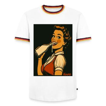 Dame rétro avec une boisson au lait - T-shirt contrasté Homme - blanc/tricolore - Devant - AI Model Female 172 light (172cm) & AI Model Male 185 light (185cm)