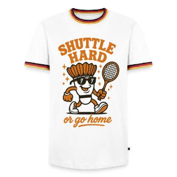 Shuttle Hard | Badminton Motivation Saying - Men's Ringer Shirt - white/tricolour - Front - AI Model Female 172 light (172cm) & AI Model Male 185 light (185cm)