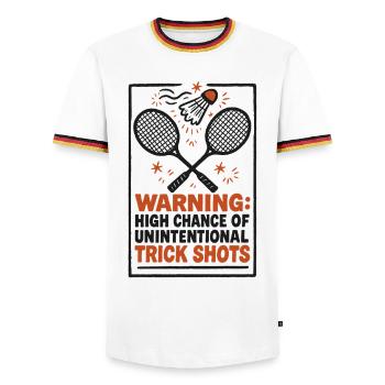 Warning Trick Shots | Badminton Humor - Men's Ringer Shirt - white/tricolour - Front - AI Model Female 172 light (172cm) & AI Model Male 185 light (185cm)